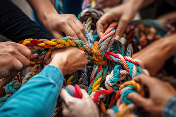 Many peoples hands working together to untangle a knotted rope. Business teamwork. Generative ai - obrazy, fototapety, plakaty
