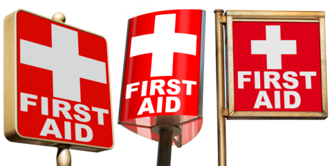 Group of red and white First Aid Signs, isolated on white or transparent background. Photography. Png.