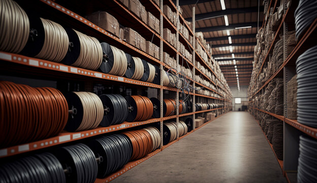 Warehouse with wooden coil wire electric cable..