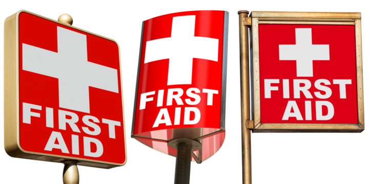 Group of red and white First Aid Signs, isolated on white or transparent background. Photography. Png.