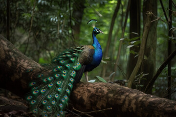 Naklejka premium Peacock in deep forest. Generative AI