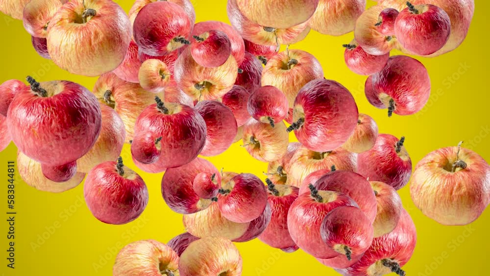 Poster abstract explosion with ugly apples flying in different directions on a yellow background. creative 