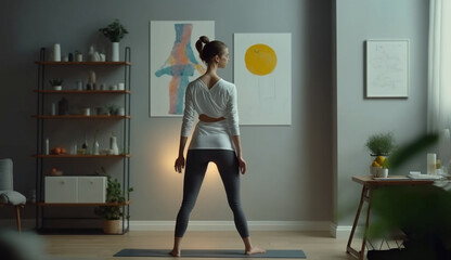 Fototapeta na wymiar Woman doing fitness exercises at home. Balance, meditation, relaxation, healthy lifestyle, mindfulness concept, back view . Generative Ai.