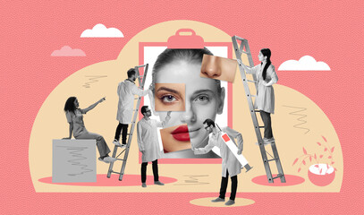 Contemporary art collage. Doctors helping female patient with plastic surgery. Face lifting. Concept of beauty treatment, plastic surgery, medicine, clinical cosmetology, ad