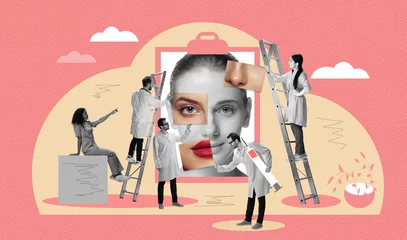 Keuken foto achterwand Schoonheidssalon Contemporary art collage. Doctors helping female patient with plastic surgery. Face lifting. Concept of beauty treatment, plastic surgery, medicine, clinical cosmetology, ad