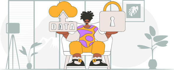 Modern Vector Character of Man with a Padlock and Cloud Storage.