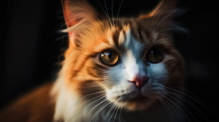 Macro photography of a orange and white cat, created with Generative AI technology
