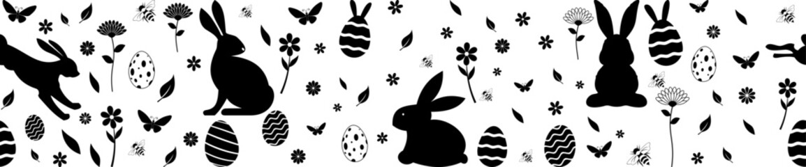 Oster Silhouette Vektor nahtlos in Schwarz. Oster Dekoration mit Osterhase, Osterei, Blumen, Biene und Schmetterling.
Kann nach links und rechts unendlich vergr&ouml;&szlig;ert werden.