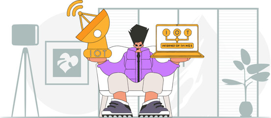An individual with a laptop and a satellite dish for the Internet of Things, drawn in a modern vector style.