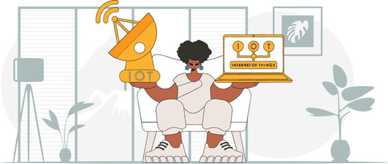 Girl using laptop, satellite dish for IoT, modern vector illustration style.