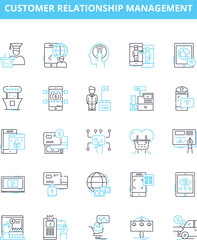 Customer relationship management vector line icons set. CRM, Customer, Relations, Management, Engagement, Reach, Interaction illustration outline concept symbols and signs