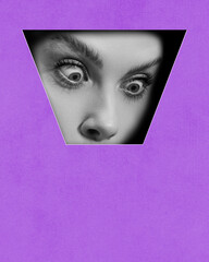 Shocked face. Black and white female face part with widely open eyes against purple background. Contemporary art collage. Conceptual design. Concept of creativity, abstract art, imagination, news .