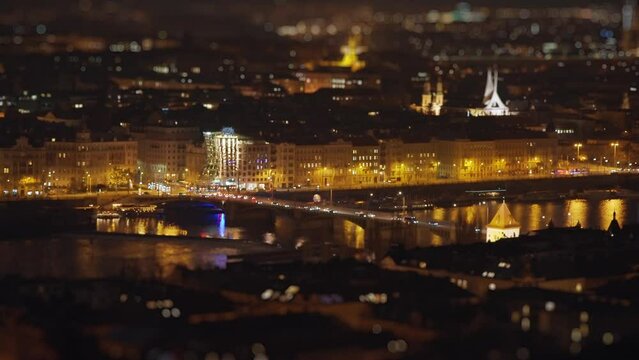 Aerial view of the night Prague. Street lights and traffic on the streets