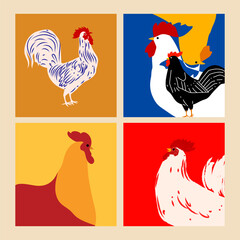 Set of chicken, hen, rooster, icon character hand drawn vector illustration design. - obrazy, fototapety, plakaty