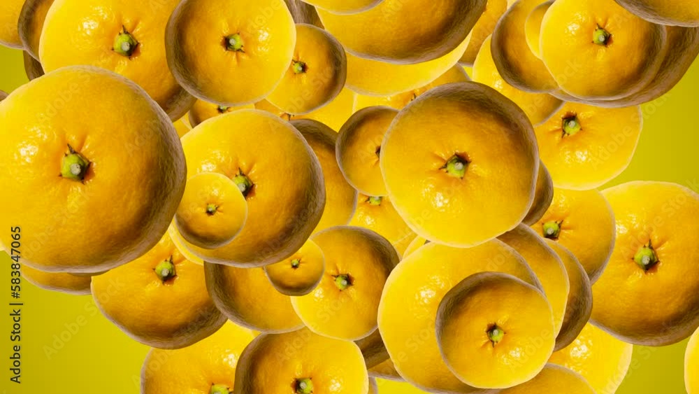 Poster abstract explosion with tangerines flying in different directions on a yellow background. creative c