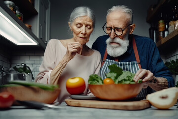 An older couple cooking a healthy vegan meal. Generative AI illustration.
