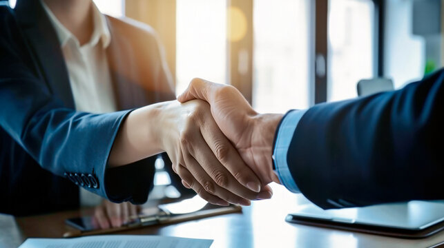 Business handshake between a woman and a man. Close up. Inside a modern bright office.