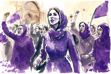 Generative AI illustration of a Muslim women demonstrating for women's rights in Iran. watercolor style in purple tones - obrazy, fototapety, plakaty