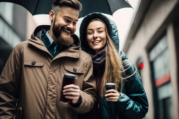 Fototapeta premium Smiling young couple walking in the rain day. Generative AI illustration.