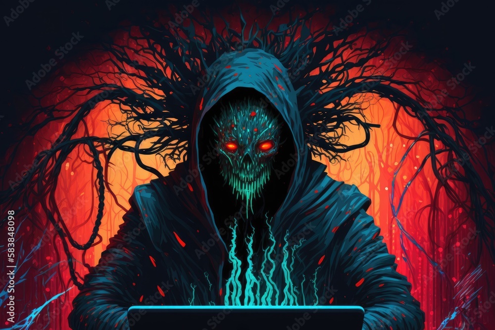Poster halloween background with computer hacker and scary tree
