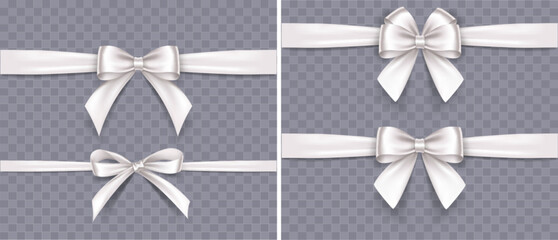 Set of satin decorative white bows with horizontal ribbon isolated on white background. Vector white bow and ribbon - 583848044