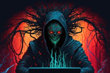 Halloween background with computer hacker and scary tree