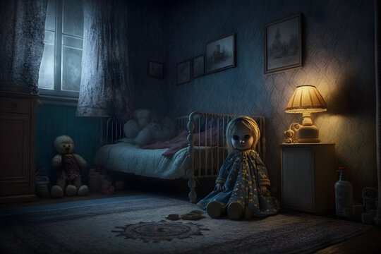 Horror Creepy doll in the room. Generative AI