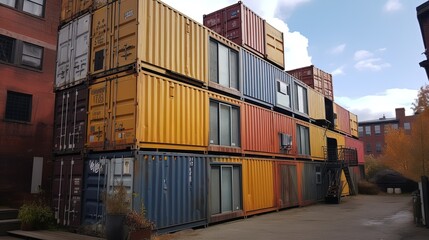 Fototapeta premium eco friendly hotel building made from used shipping container box, environmental preservation concept, generative ai