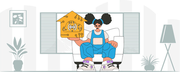 Girl sitting, holding IoT logo modern vector character style.