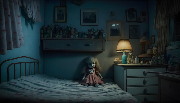 Horror Creepy doll in the room. Generative AI