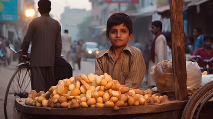 a young child selling fried potato at street side in city, idea for support human rights and children rights, Generative Ai not real person - obrazy, fototapety, plakaty