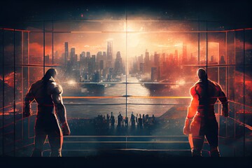 cage fight with view of the city skyline, with fighters competing for glory, created with generative ai