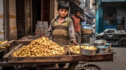 a young child selling fried potato at street side in city, idea for support human rights and children rights, Generative Ai not real person