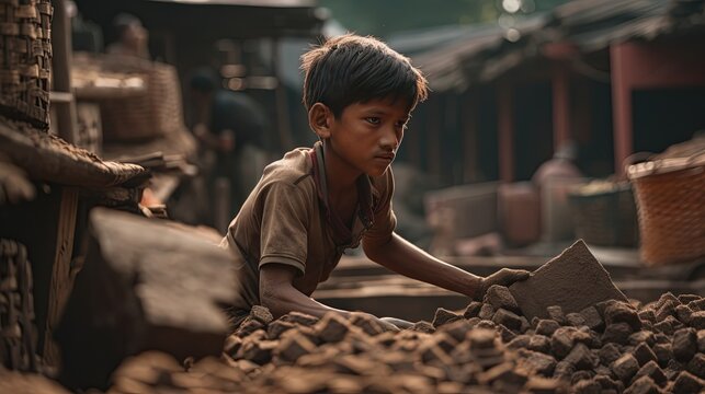 close up portrait of a poverty boy working as labor at construction site, idea for children rights and human right, Generative Ai not real person
