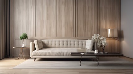beautiful modern minimalism contemporary interior with  sofa and wooden wall,  Generative Ai	
