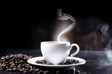 Fototapeta premium Hot Black Espresso in White Cup on Background Closeup Shot with Coffee Beans and Smoke