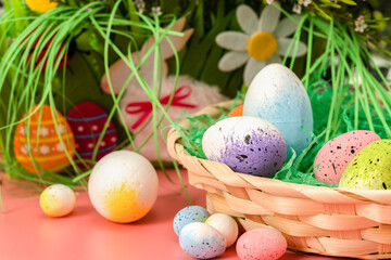 Easter background with eggs and spring flowers