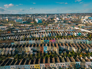 Aerial view of rows of multi-coloured terraced Victorian houses in the city of Bristol, UK

