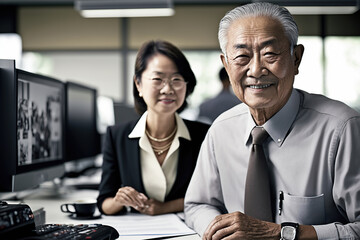 Very happy senior asian man with secretary in office. Generative AI illustration.
