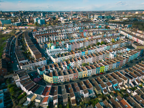 Aerial view of rows of multi-coloured terraced Victorian houses in the city of Bristol, UK

