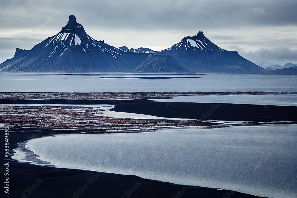 Sticker Picturesque evening landscape of lonely deserted iceland beach, created with generative ai