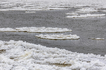 Close up on a Ice floes on the Vistula during winter in Warsaw, capital of Poland