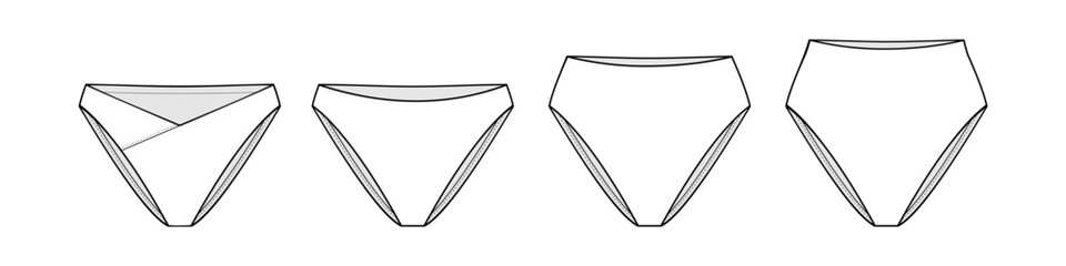 4 classic types of underwear bikini, mid-rise, full brief fashion flat technical drawing template. underwear technical fashion Illustration, front, and back view, white, CAD mockup.