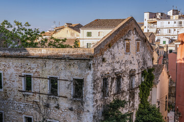 Fototapeta na wymiar Ruined building in Tenedos area, old part of Corfu town, Corfu Island, Greece