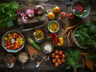 Obraz na płótnie Canvas fresh salad ingredients assortment, top view, rustic wooden table, healthy and organic food concept, generative AI