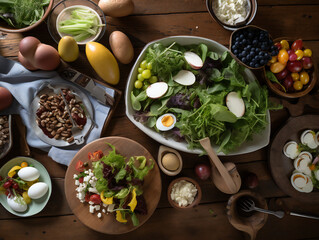 fresh salad ingredients assortment, top view, rustic wooden table, healthy and organic food concept, generative AI
