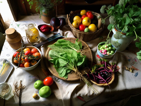 vibrant salad ingredients on rustic table, top view, farm-to-table freshness, healthy lifestyle, generative AI
