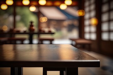 Fototapeta na wymiar Empty Product Display Table with Blurred Japanese Restaurant Background (Generative AI)