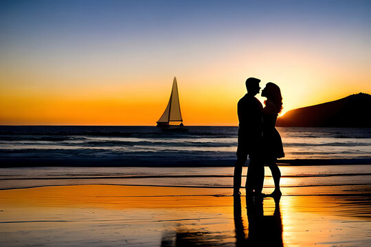 AI generated image of a romantic scene of a silhouette of a couple on the beach during sunset