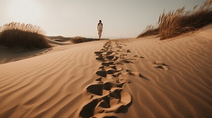 Fototapeta na wymiar a person walking on desert sand with footprint on it, Generative Ai